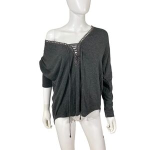 Ariella Grey Long Sleeve Laced Up V Neck Top